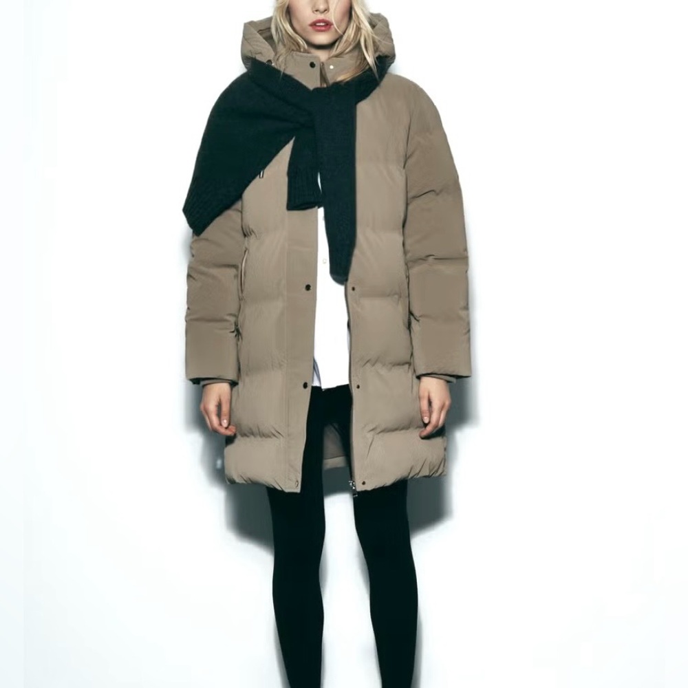 Zara Hooded Puffer Coat Taupe Size XS